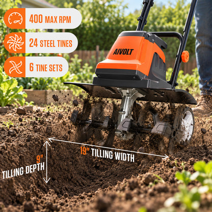AIVOLT 19" 15-Amp Corded Electric Garden Tiller & Cultivator, 400RPM Rototiller with 24 Steel Tines and Adjustable Wheels