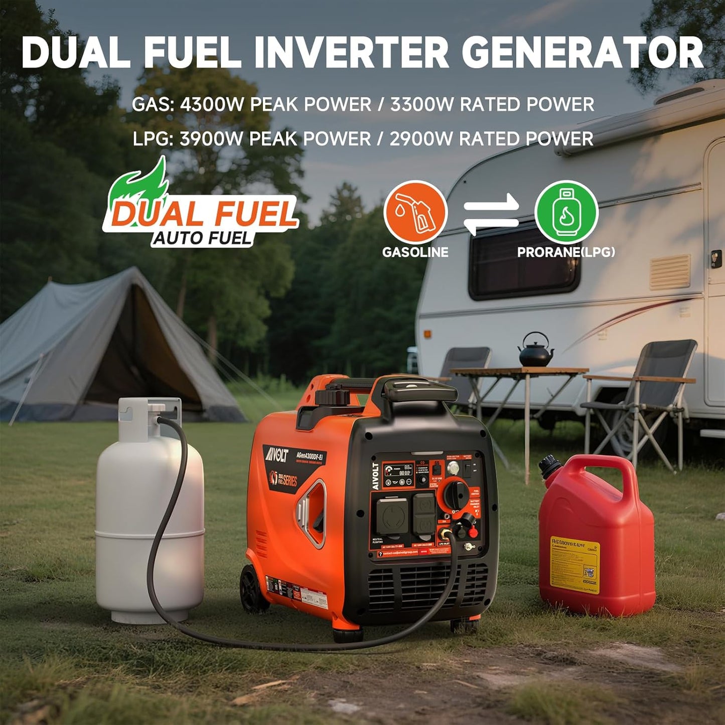 AIVOLT 4300-Watt Gas & Propane Powered Inverter Generator with Wheel Kit