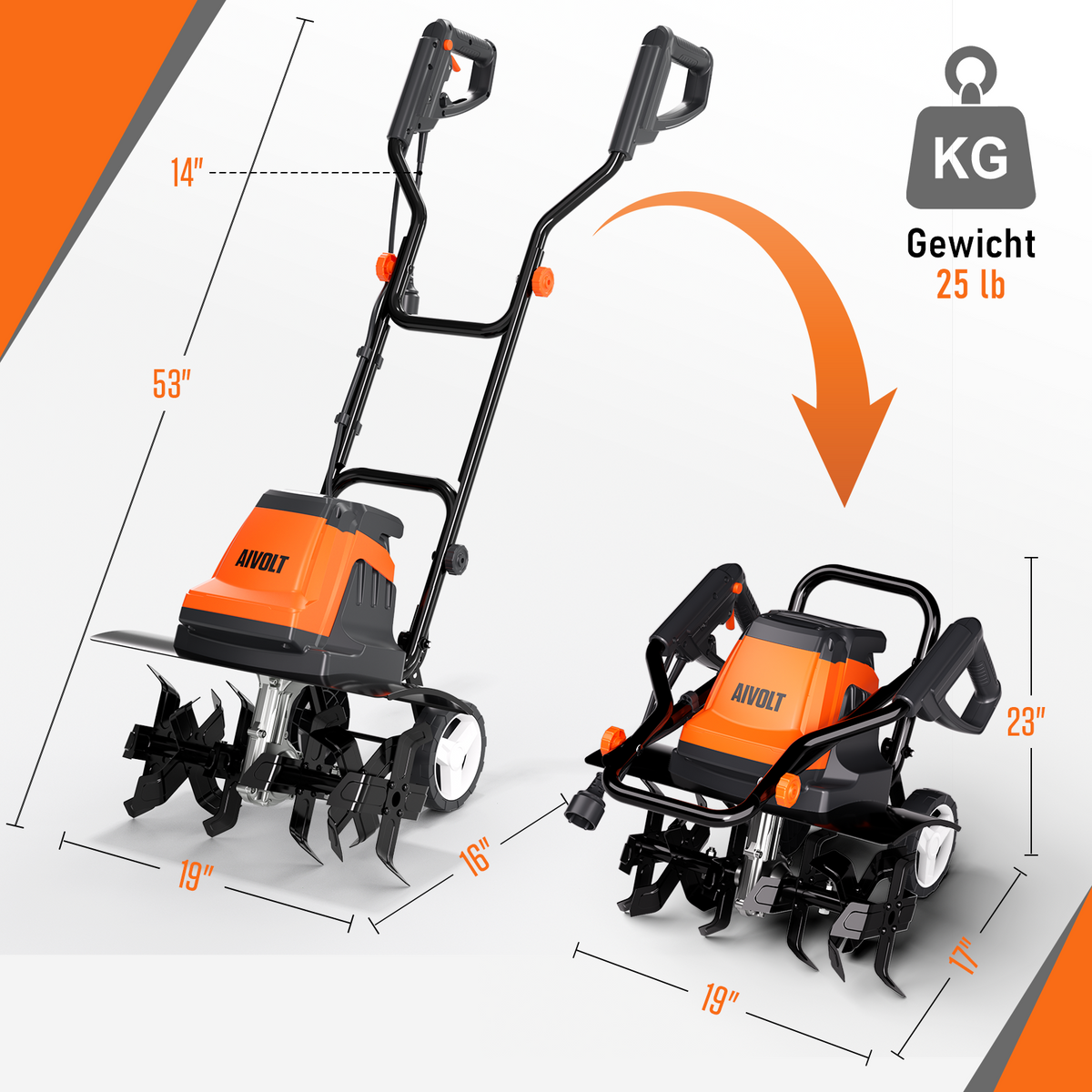 AIVOLT 19" 15-Amp Corded Electric Garden Tiller & Cultivator, 400RPM Rototiller with 24 Steel Tines and Adjustable Wheels