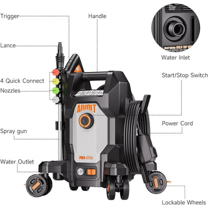 AIVOLT Electric Pressure Washer,Max 4800 PSI at 2.6 GPM Corded Electric Cold Water Power Washer, 4 Nozzles, Soap Tank, Anti-Tipping, 36ft Cable, 25ft Hose(Upgraded)