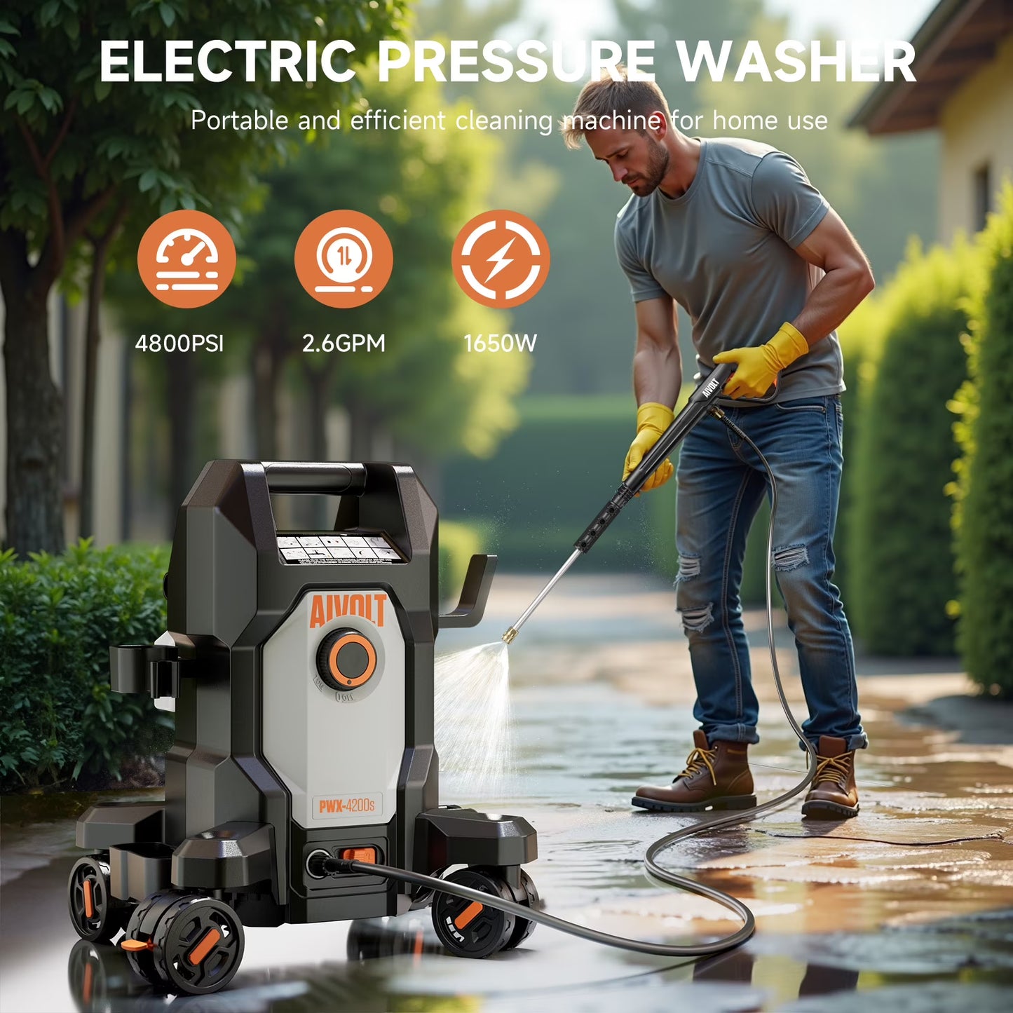 AIVOLT Electric Pressure Washer,Max 4800 PSI at 2.6 GPM Corded Electric Cold Water Power Washer, 4 Nozzles, Soap Tank, Anti-Tipping, 36ft Cable, 25ft Hose(Upgraded)